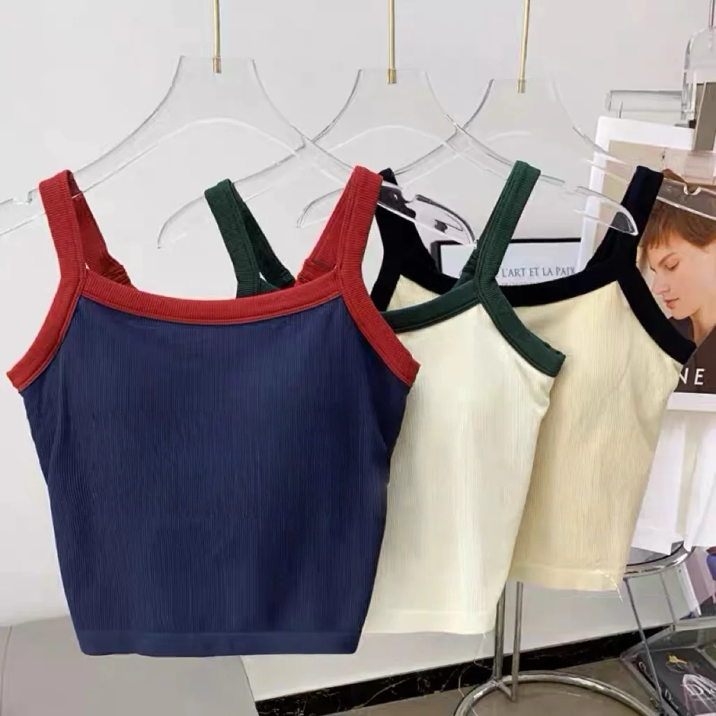 

Women's Color Blocking Sports Vest with Fixed Chest Pads Gathered Fitness Pilates Training Yoga Underwear Top