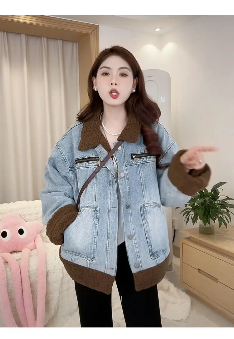 Abrigo vaquero butciones piel felpa mujer invierno algodón acolchado acampanado minimalismo urbano reunión Social cuello alto botón a presión con capucha