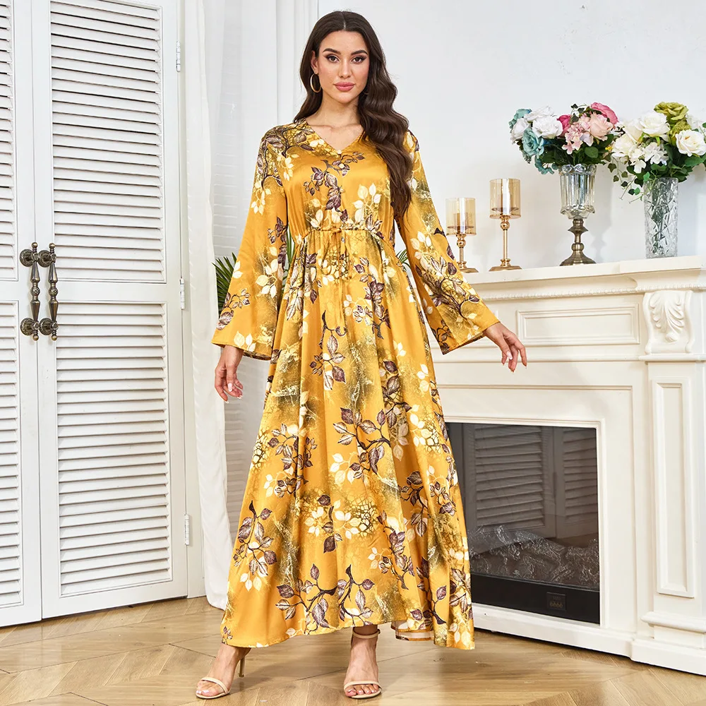 

New Printed Women's Yellow Waist-cinching Slimming Long-sleeve Flared Dress From Long Robe Clothing Factory Islam Elegant