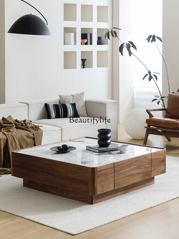 

Italian Light Luxury North America Black Walnut Stone Plate Coffee Table Living Room Home Simple Solid Wood Tea Table