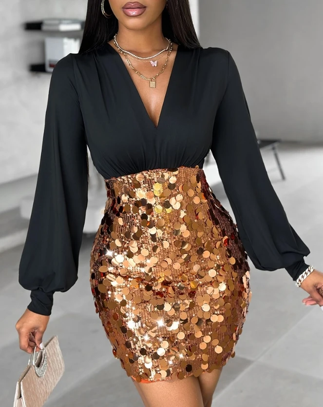 

Women's Casual Sequin Patch Party Dress Temperament Commuting Female Clothes New Woman Fashion Ruched Plunge Pencil Dresses