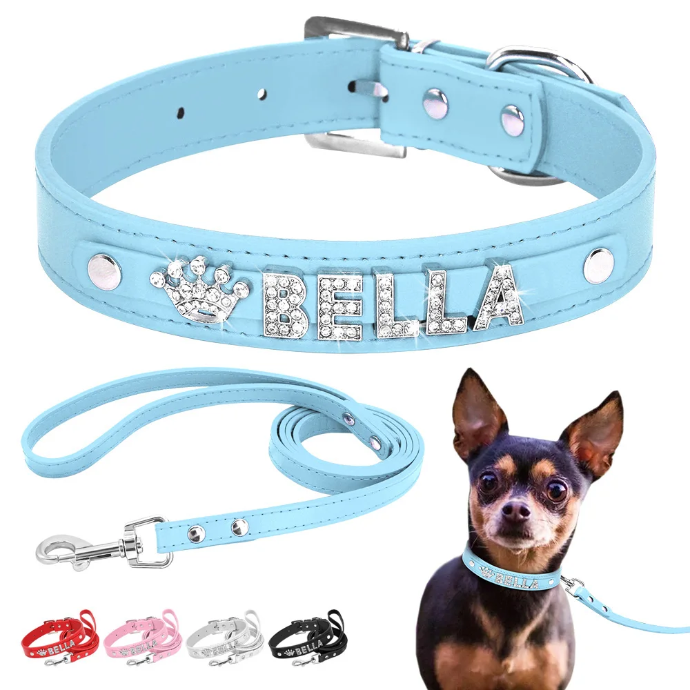 

Personalized Dog Collar Leash Set Puppy Kitten Rhinestone Collars Necklace Free Letter Charm For Small Large Dogs Cats ChiHuaHua