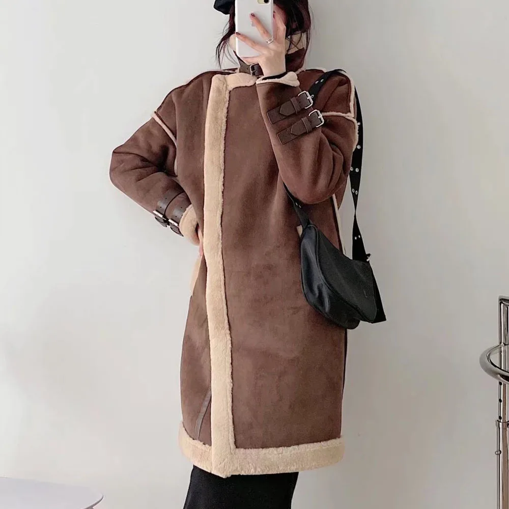 2023 Winter Women Fake Lambswool Long Coat Elegant Warm Long Suede Jacket Women Casual Brown Coats Femme Overcoat Streetwear