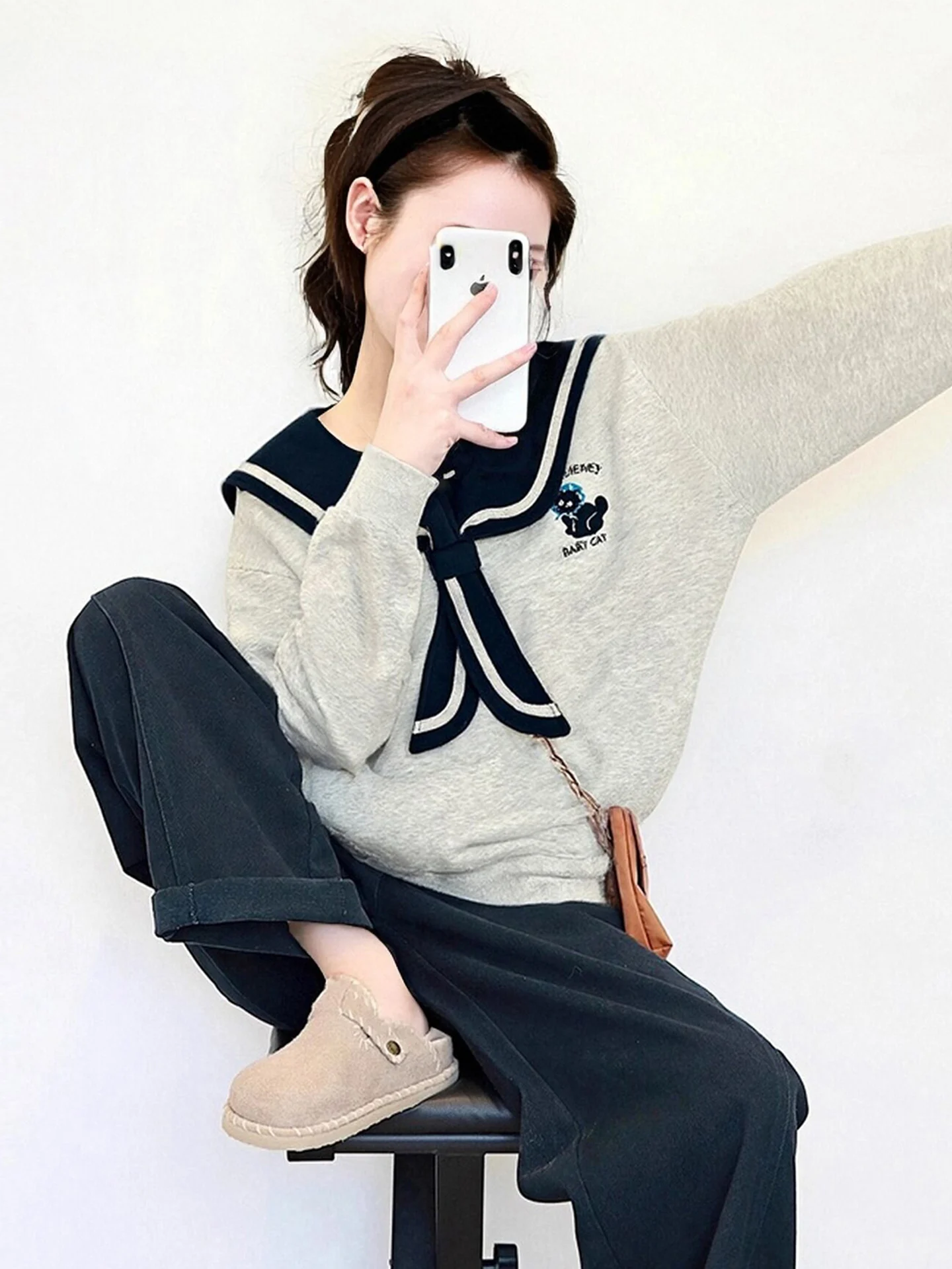 

Уникальная женская толстовка с длинным рукавом и воротником в стиле Navy, осенне-зимняя новинка, в корейском стиле, молодежный и красивый топ