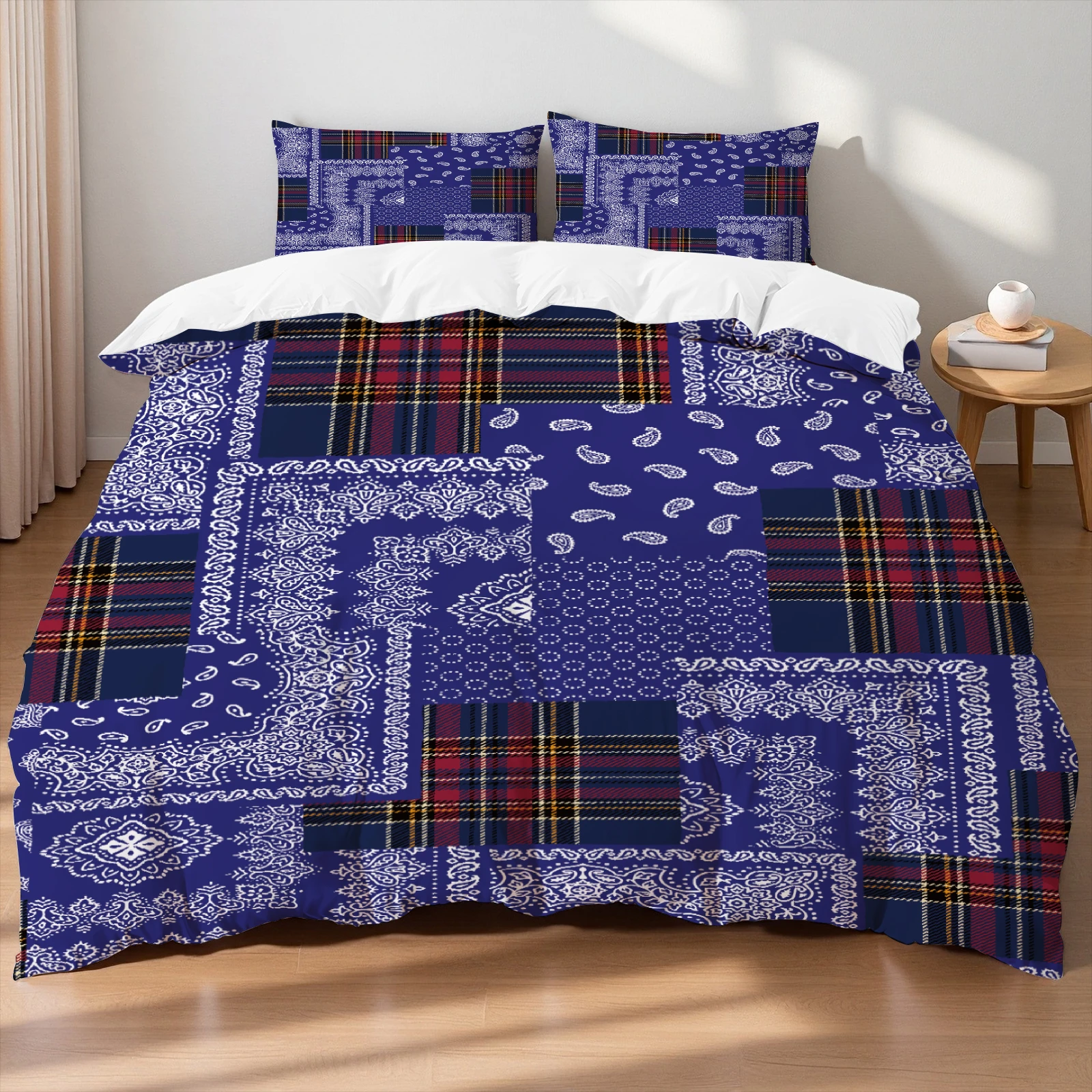 King Size Navy Blue Bedding Set  Bandana Plaid Boho Paisley Print Duvet Cover Pillowcase Breathable Wrinkle-Free For Bedroom