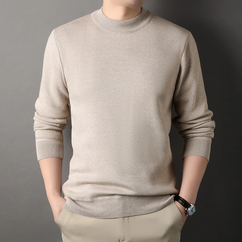 Mens Round Neck Sweater Fleeced Knitwear Solid Color Velvet Jumpers Slim Fit Elegant Luxury Brand Brown Knitted Sweaters