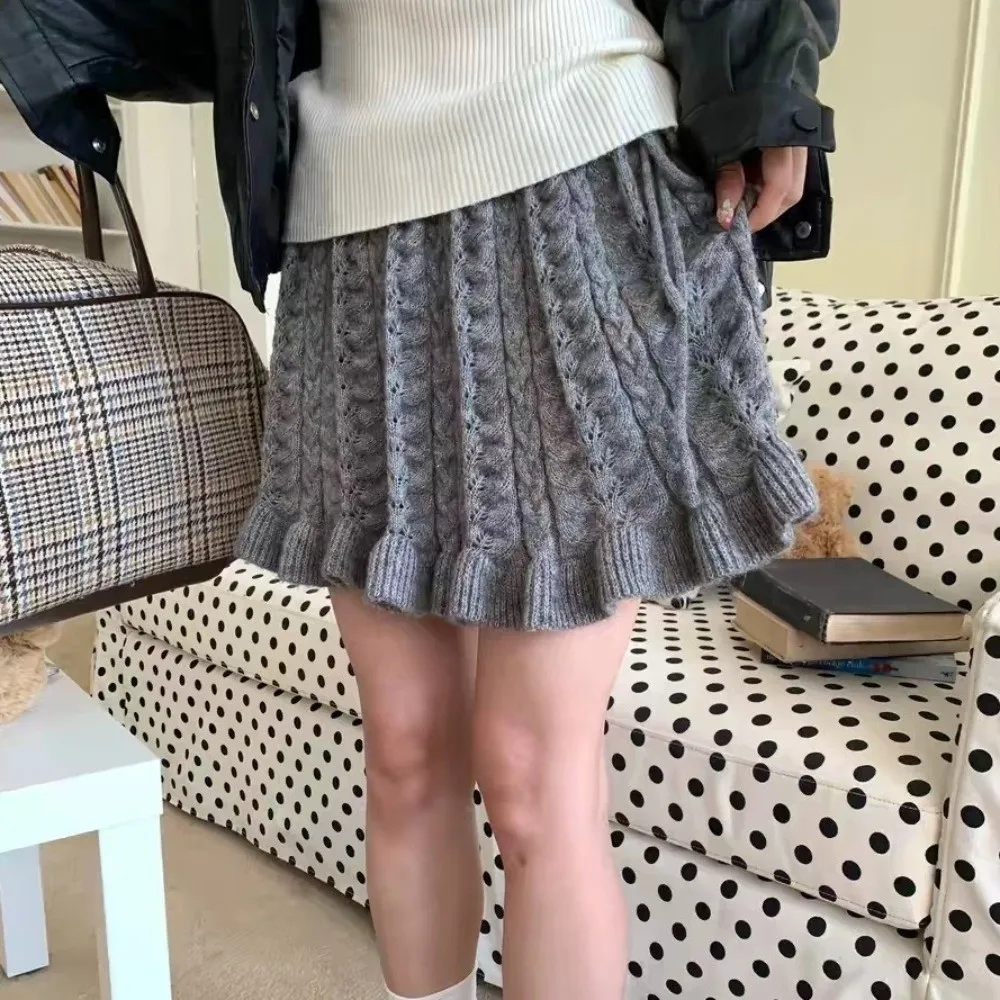 Cable Knit Layering Mini Skirt Drawstring Waist Half Skirt Knit Mini Skirt Decorative Design Ruffle Hem Overlay Skirt