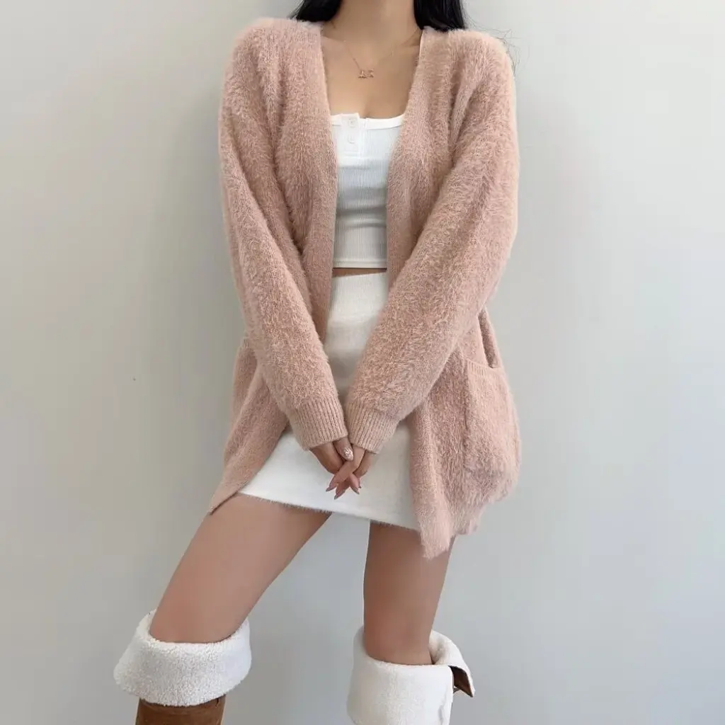 

Trendy Women's Mid-Length Knitted Cardigan Soft Waxy Mink Wool Double Pocket Jacket Sweet Gentle Comfortable for All Seasons