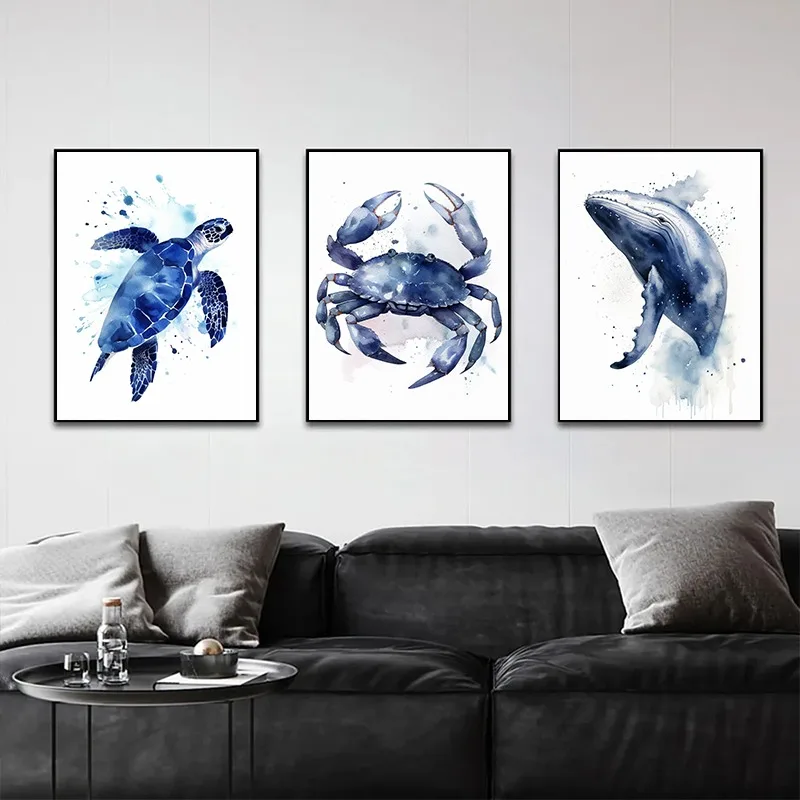 Blue Watercolor Nautical Maritime Jellyfish Oyster Poster Print Canvas Painting Beach Ocean Wall Art Picture for Room Home Decor