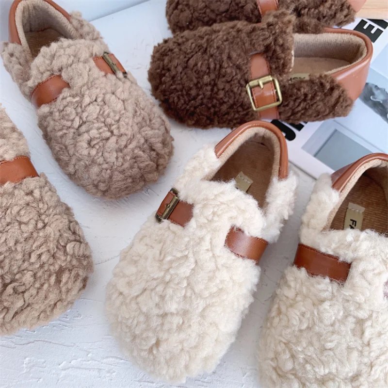 Fluffy Shoes for Girls and Cashmere Warm Boys Bean Shoes 2022 New Winter Solid Color Fashion Casual Toddler Baby Birkenstocks