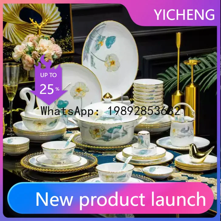 

5CJTown Ceramic Bowl and Dish Set Home Light Luxury Tableware Bone Porcelain High Beauty Bowl and Dish Set High