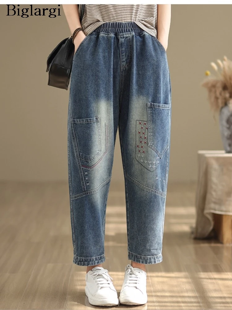 

Джинсы женские оверсайз с вышивкой, эластичные модные брюки с завышенной талией в стиле ретро, широкие Свободные плиссированные штаны, на весну