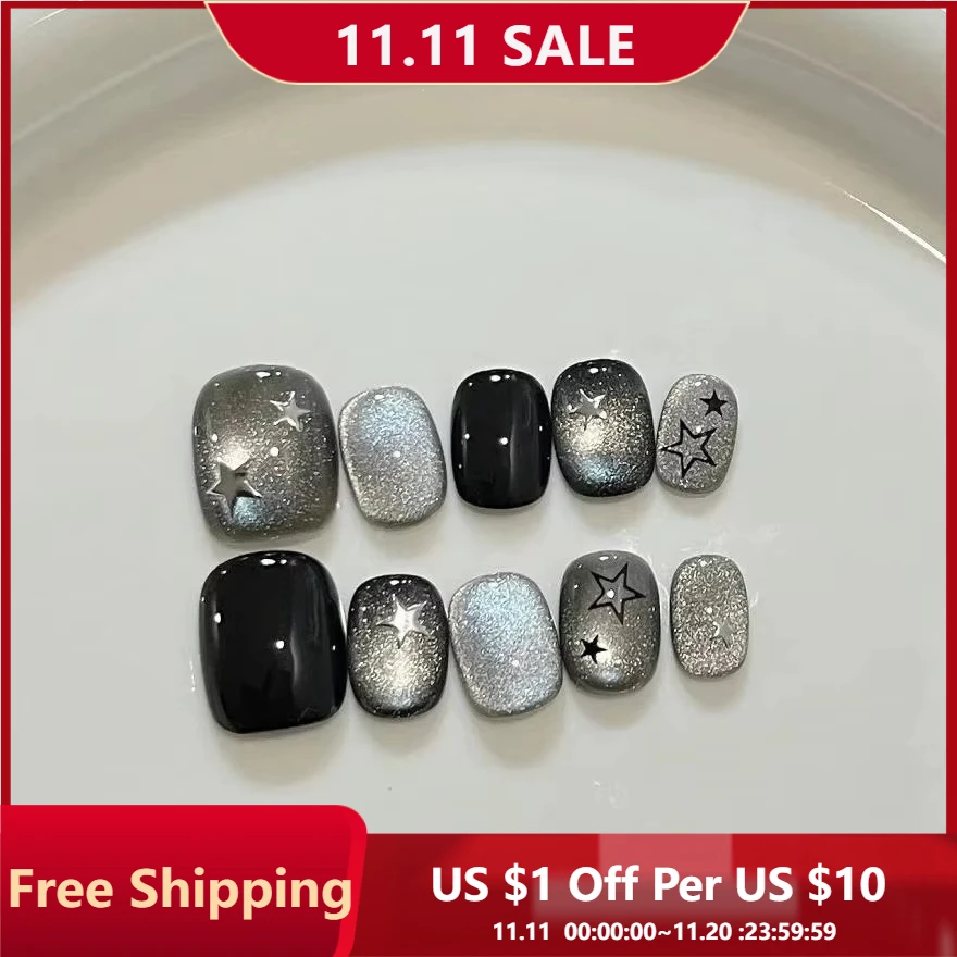 

10 шт., накладные ногти ручной работы, черные, милые, крутые, «кошачий глаз», звезды, накладные ногти для женщин и девочек, короткие квадратные и круглые носимые ногти