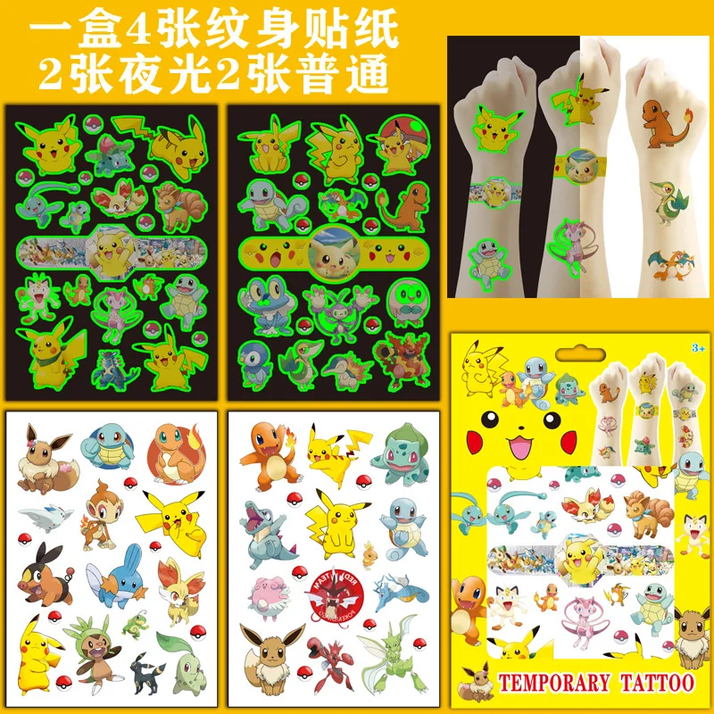 4sheet/set noctilucent and ordinary Tattoo pokemon Stickers Waterproof Cute Sticker Funny Cartoon Kids Birthday Gifts Reward Toy