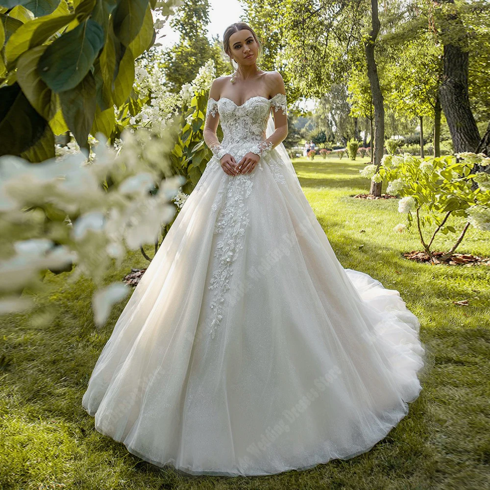 Luxurious  Women Wedding Dresses Gauze Lace Flower Printing Hem Bridal Gowns Off Shoulder Customization Vestidos De Novias 2024