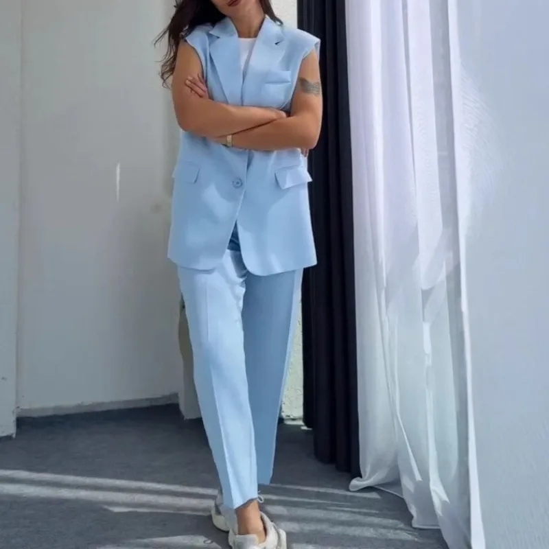 Loose Women's Fashion Spring Summer Polyester Fabric Casual Ensemble Pure Color Elegant Sleeveless Two-Piece Suit Set