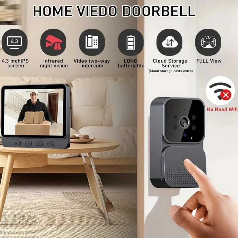 

Outdoor Wireless Doorbell 4.3''Screen 1080P Night Vision 2-Way Audio Video Intercom Waterproof Door Bell Camera Digital Peephole