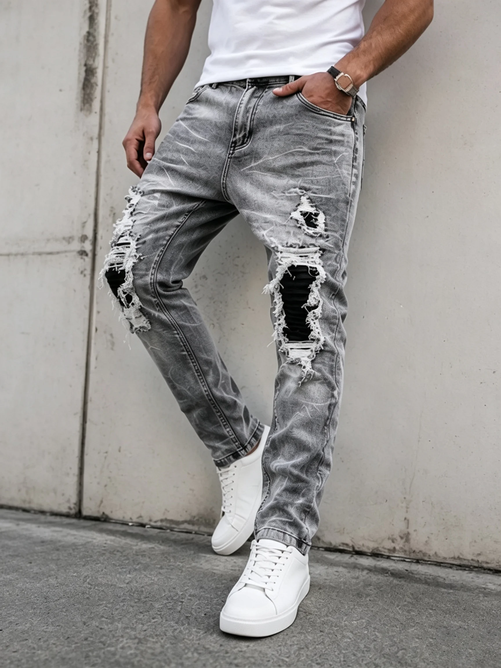 High Stretch Vintage Men's Texture Skinny Slim fit Denim Jeans Ripped Patchwork Raw Edge Destroyed Hip Hop Elastic Casual Pants