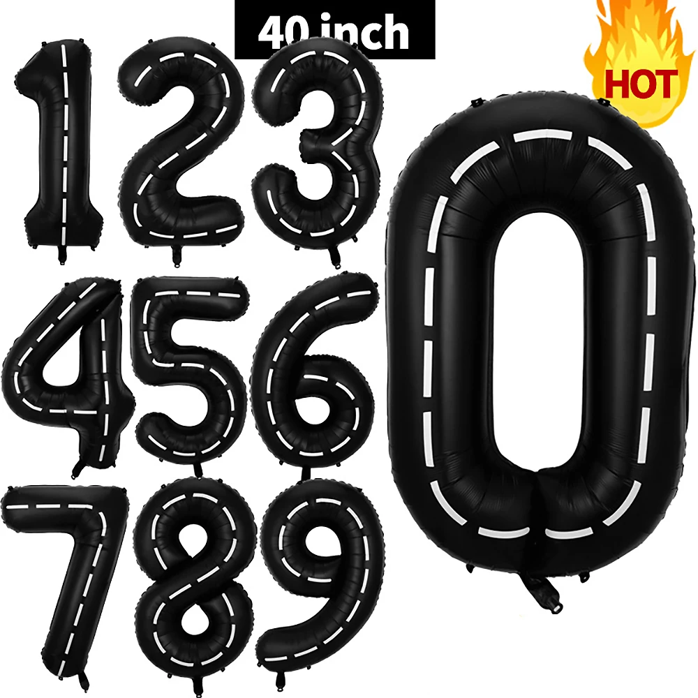 40Inch Race Car Birthday Balloons Large Black Number Balloon Happy Birthday Balloons Kids Boy Birthday Favors Racing Party Decor