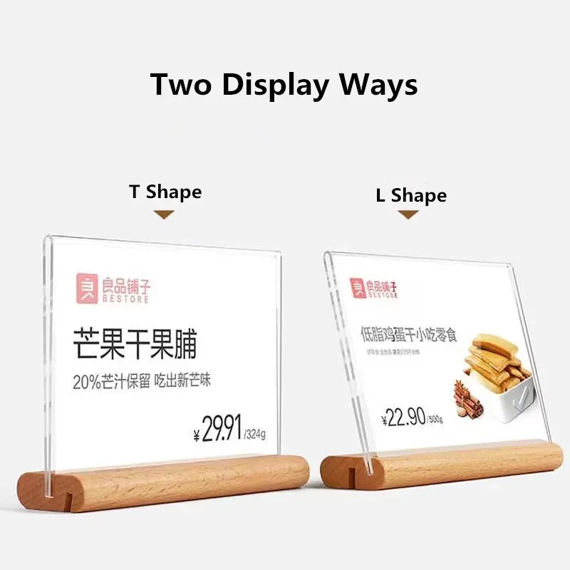 T / L Use Wood Price Label Paper Card Tags Acrylic Sign Holder Display Stand Restaurant Table Number Menu Paper Holder