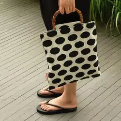 Vintage Chic Women's Tote Bamboo Handle Black Dot Print Large Capacity Handbags Summer Fashion Female Big Clutch Purse