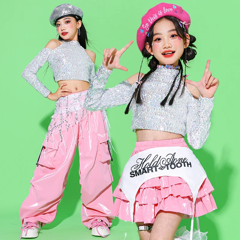 2025 Jazz Dance Outfit Girls Kpop Costume Silver Sequins Crop Top Pink Cake Skirt Kid School Dance Show Performance Wea