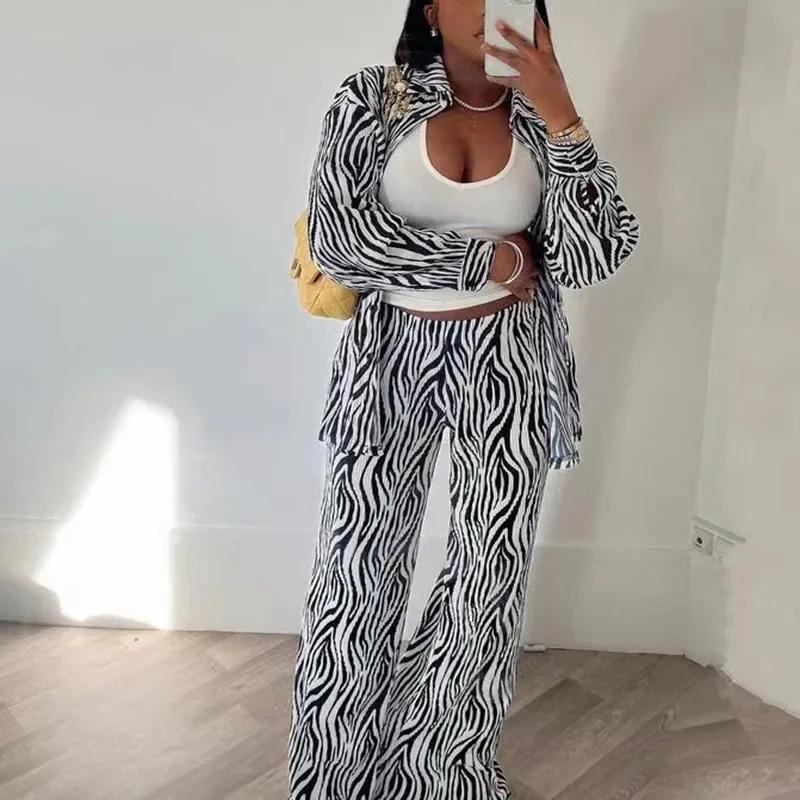 

2023 Women Suits Matching Sets Fashion Zebra Striped Lapel Print Long Sleeve Shirt Loose Trousers Two Piece Casual Sets