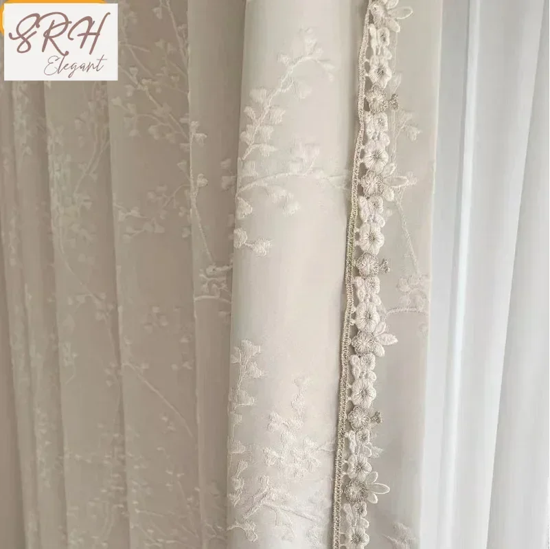Cream Beige Relief Leaf Embroidered Yarn Splicing Chenille Curtains For Living Room Bedroom Balcony Window Curtains Customized