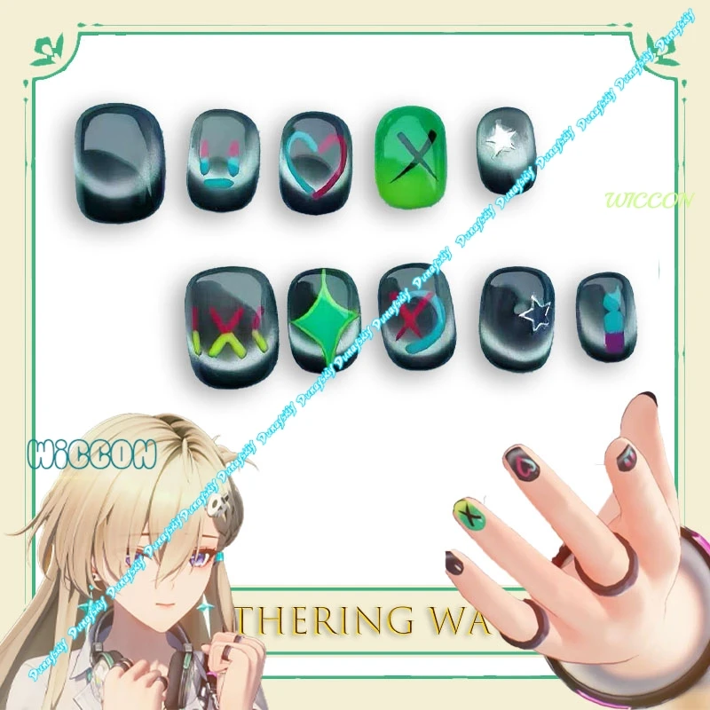 Uñas Postizas de Anime Wuthering Waves Lynae, Uñas Cortas Cuadradas y Redondas con Base Negra y Patrones Coloridos, Removibles
