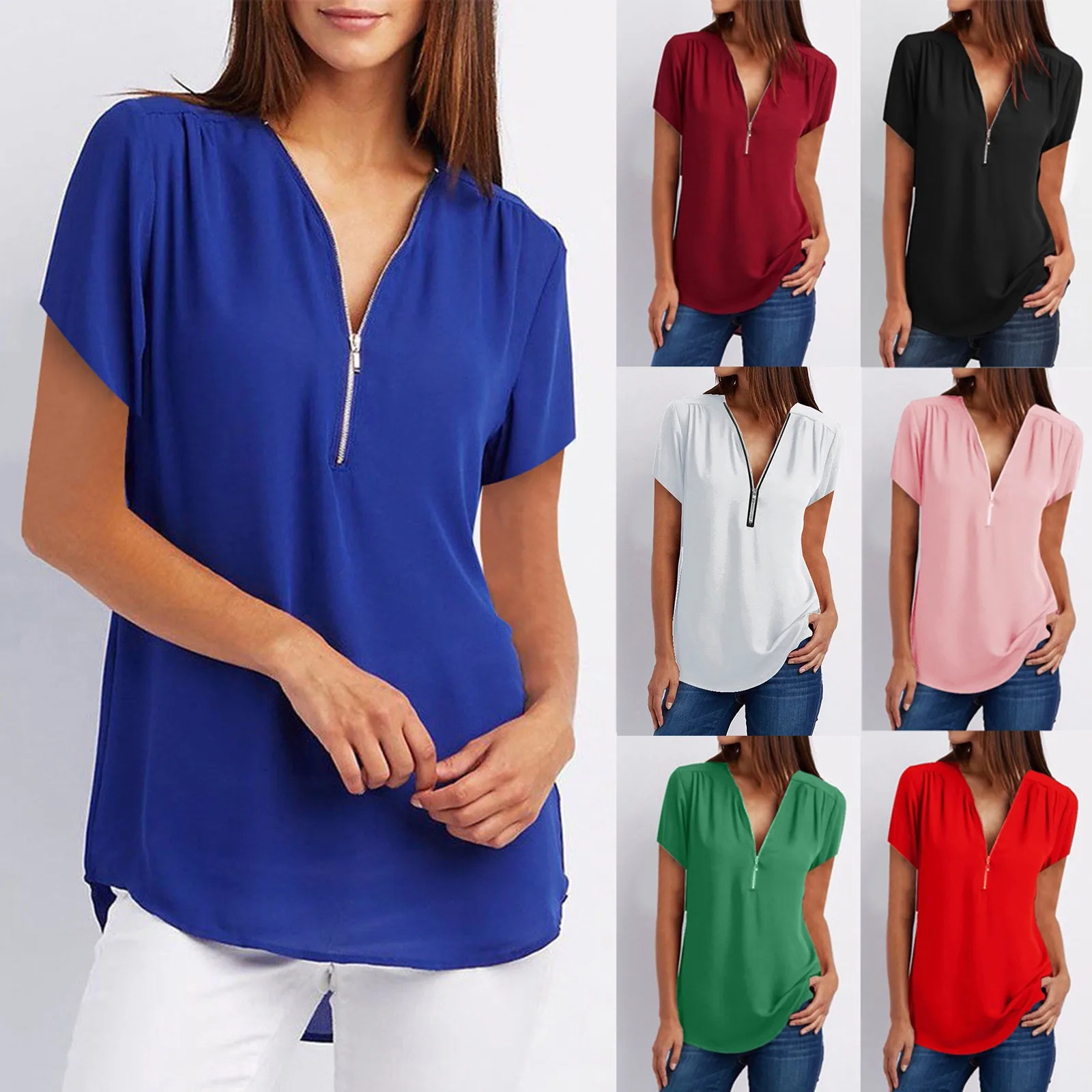 S-5xl Ladies Loose Blouse Chiffon Shirt Zipper V-Neck Half Sleeve Shirts Casual Office Lady Sexy Blouse Shirt Tops Women Blouse