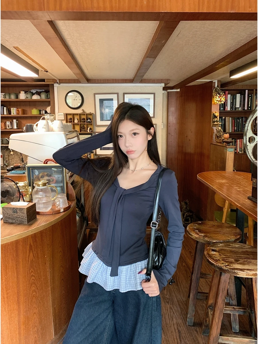 

Korean Sle V-Ne Tie-Dye Slim Fit Long Sve T-irt Women's Autumn New Arrival Cheered Hem Base irt Faionable Base...