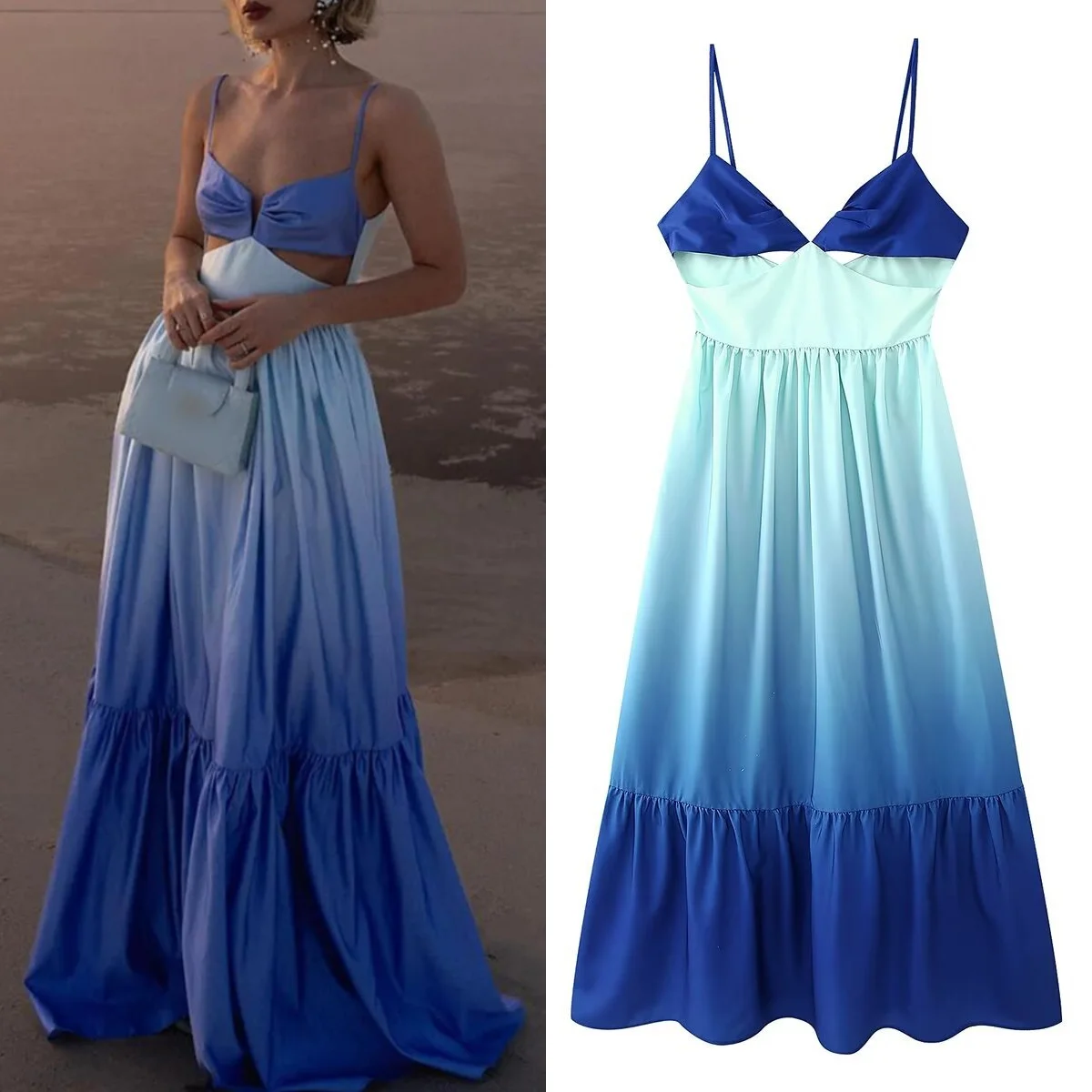 

TRAF Women's Tie Dye Slip Skirt Hollow V Neck Sleeveless Backless Maxi Dress Blue Ruffle Dress Elegant Women's Evening Gown