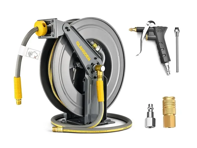 GLAHODEN Double Arm Air Hose Reel 50 ft Retractable, 1/2 in Hybrid Hose Heavy Duty Steel Professional Air Compressor Hose Reel