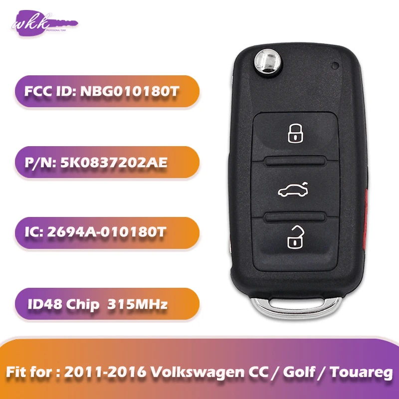 WKK Flip Remote Key 5K0837202AE/R NBG010180T with ID48 Chip 315MHz for 2011-2016 Volkswagen Golf /Passat/Touareg Smart Key