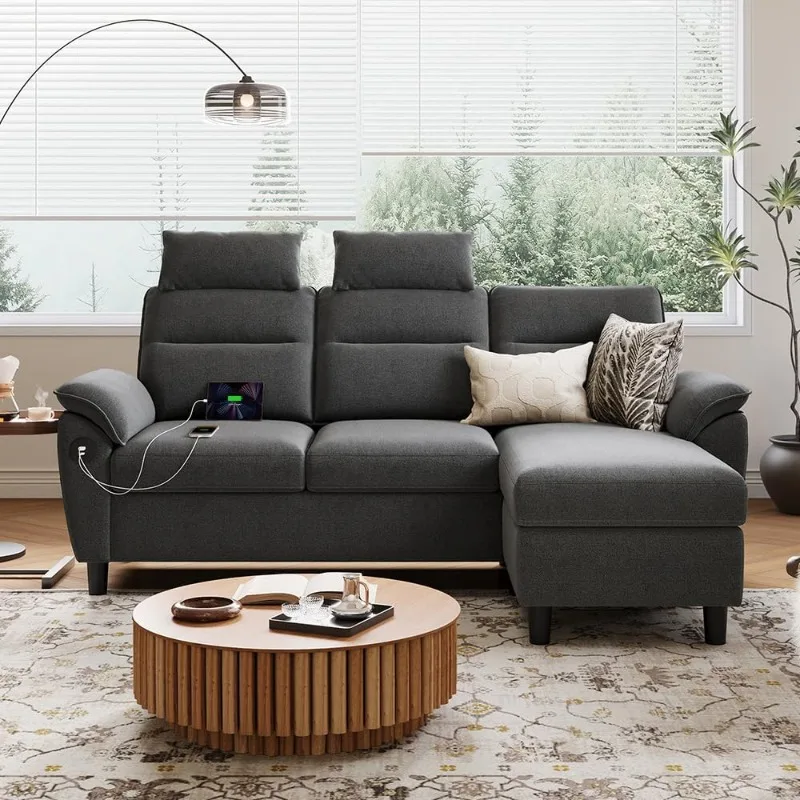 Sectional Sofa, High Back Sectional Couch with Ottoman, 2 USB and Storage Bags, L Shaped Sofa with Extra Headrests