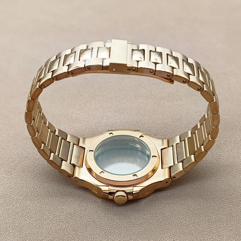 Różowe złoto Nautilus futerał na zegarek i pasek dopasowany do przezroczysty tył NH35 NH36 7S pokrowiec na zegarek do nurkowania 20ATM szafirowe męskie