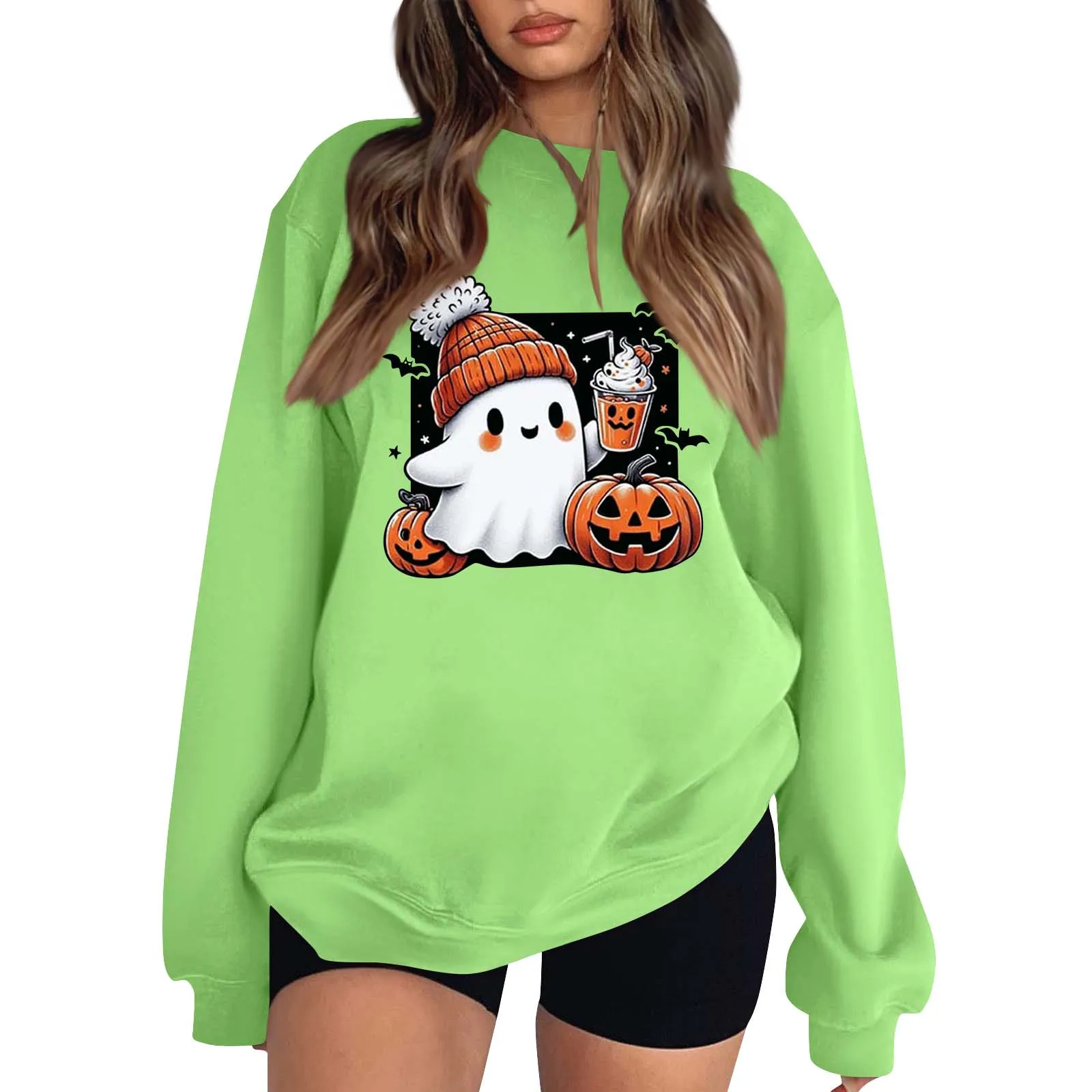 New Women's Sweatshirt Halloween Ghost Pumpkin Print Round Neck Pullovers Ladies Autumn Winter Casual Halloween Sweatshirt