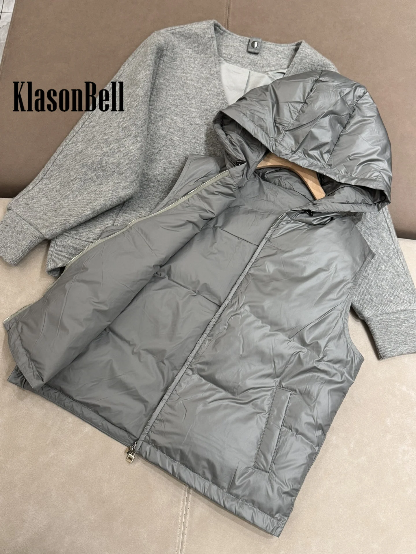 9.24 KlasonBell Women Autumn Winter Keep Warm Goose Down Hooded Vest + Cashmere Knitted Long Sleeve Jacket Coat 2 Piece Set