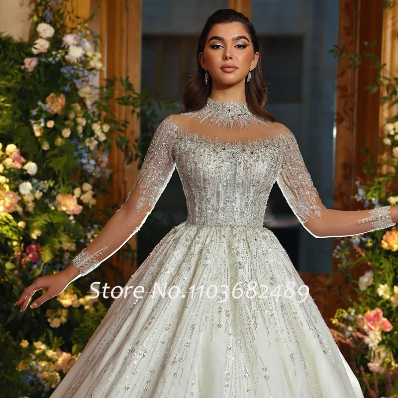 Robe De Mariage O-Neck Long Sleeve Ball Gown Wedding Dresses Sequined Beading Trouwjurk Illusion Back Luxury Vestidos Novia