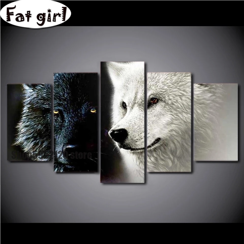 

5 Panel Wall Art Animal Black Wolf And White Wolf Diy 5D Diamond Painting Square Round Drill Embroidery Cross Stitch Mosaic