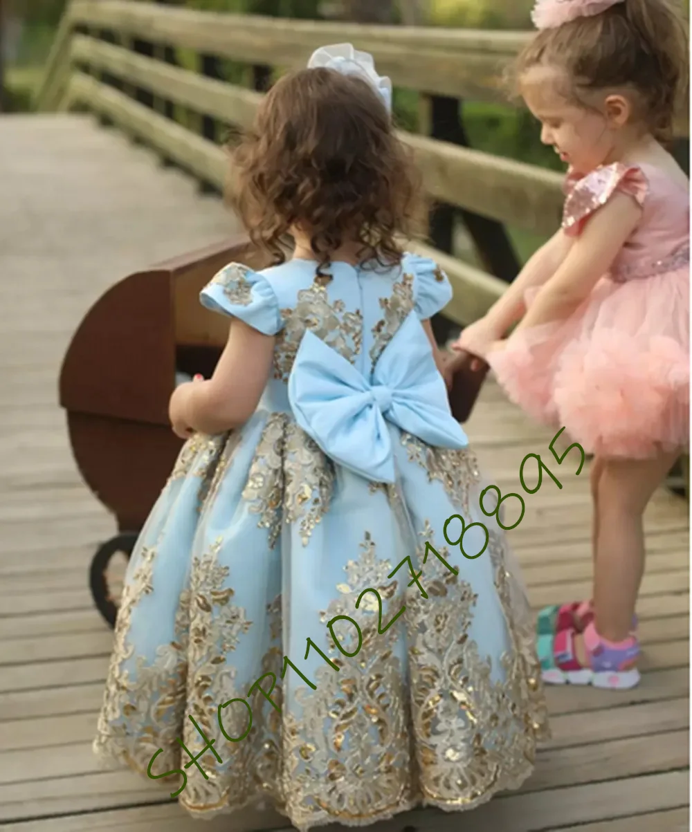 

Light Sky Blue Flower Girl Dresses Lace Appliqued Sequined Bow Little Girl Wedding Dress Communion Pageant Birthday Gowns