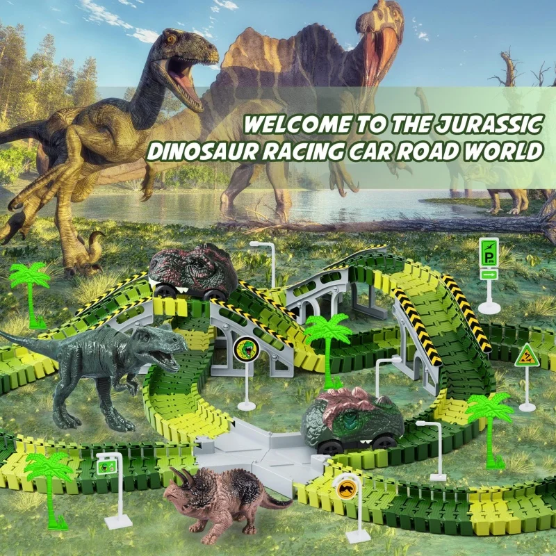 

DIY Dinosaur Railway Car Track Racing Track Toys Set Bend Flexible Race Track Flash Educational Toys Gifs