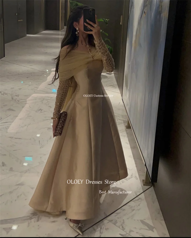 OLOEY Saudi Arabic Women Sage Green Champagne Evening Dresses Off Shoulder Glitter Long Sleeves Prom Gowns Formal Party Dress