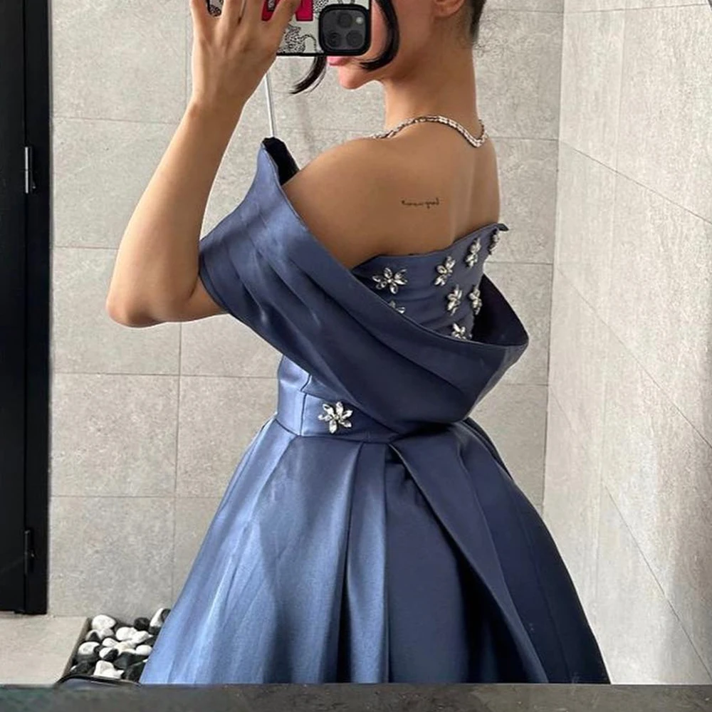 Customized Luxury Satin A-Line Off the Shoulder Crystal Evening Dress Strapless Half Sleeves Panel Train Homecoming Dress