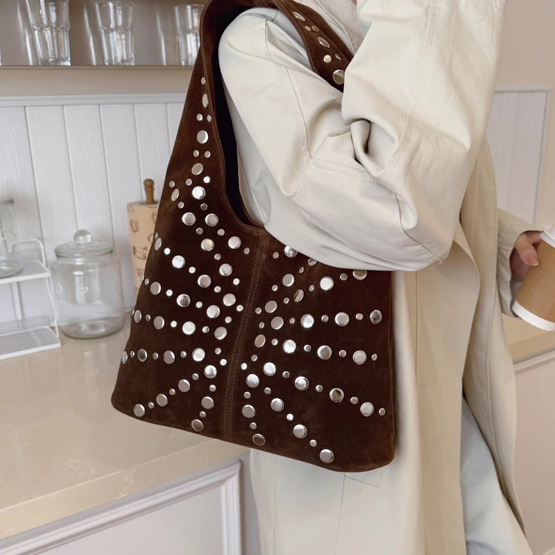 

2025 New Trendy Women's Polka Dot Rivet Vintage Suede Tote Bag Exquisite Sparking Underarm Shoulder Bag Commuting Shopping Bags
