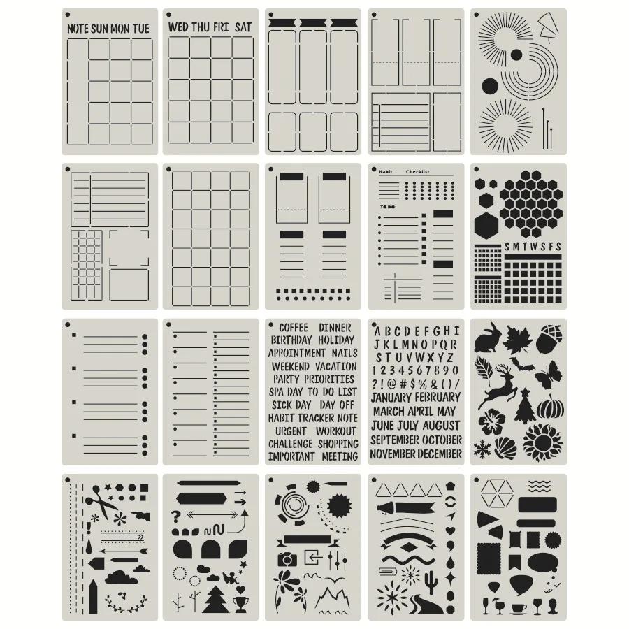 20pcs A5 Planner Stencils Set Multifunctional Journal Templates for Drawing DIY Scrapbook Diary Calendar Journal Supplies ﻿