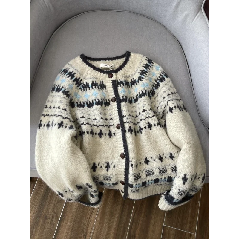 เสื้อคาร์ดิแกนถักลายแจ็คการ์ดทรงกลมแบบเรโทรสำหรับผู้หญิง เสื้อโค้ทตัวกว้างสำหรับฤดูใบไม้ร่วงและฤดูหนาว