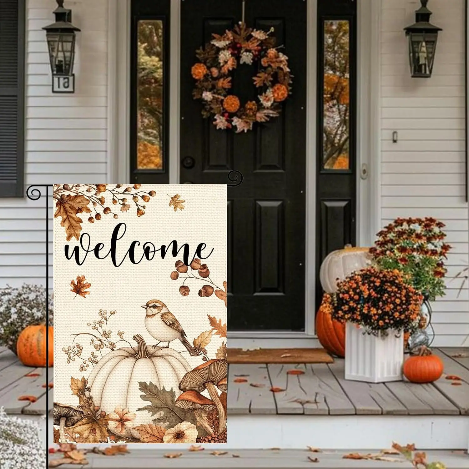 Fall Vintage Pumpkin Garden Flag 12 x 18 Inch, Autumn Thanksgiving Sparrow Birds Burlap Double Sided Welcome Small Flag Yard uui