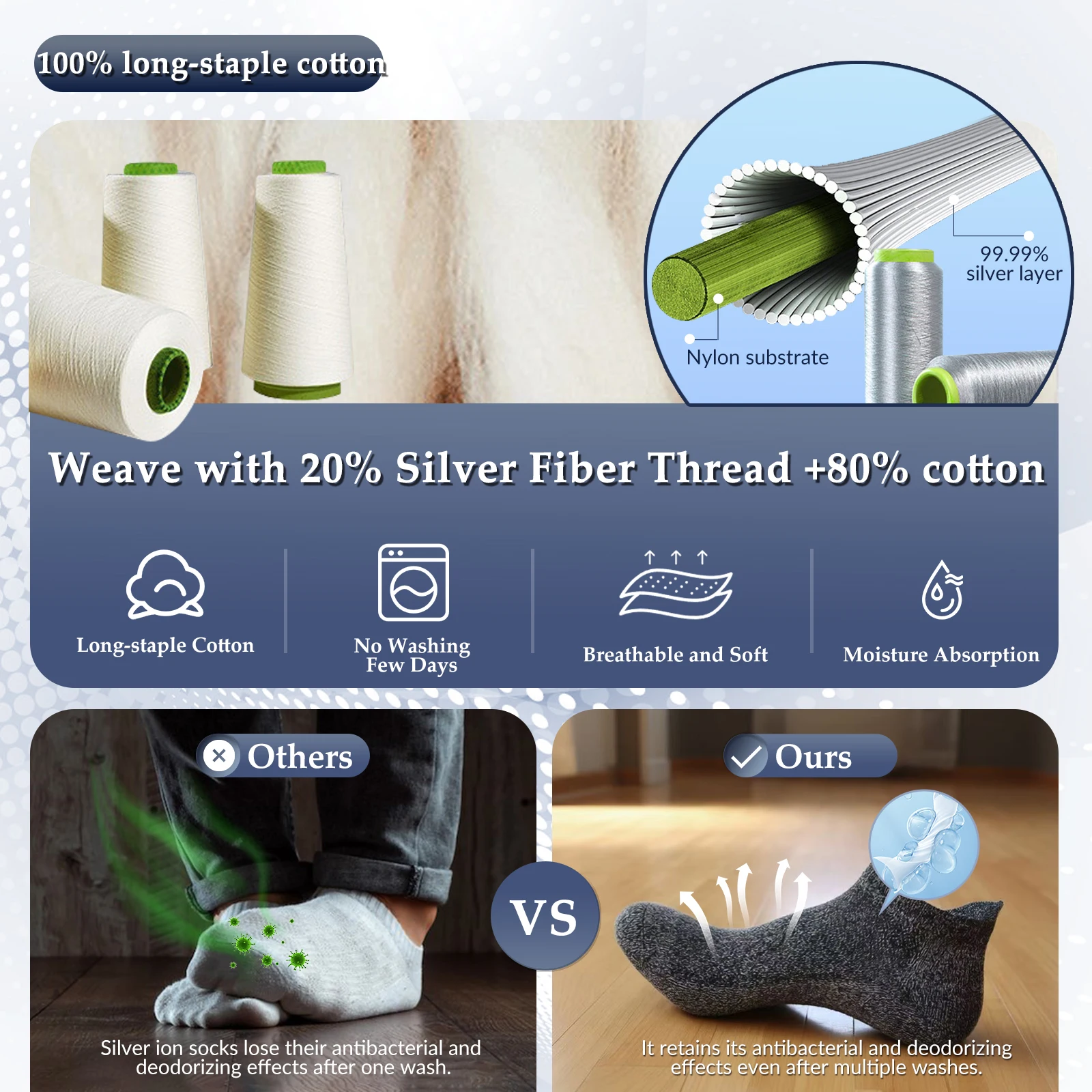 코튼 실버 주입 양말, 전도성 접지 양말, 항균 및 습기 위킹 쿼터, 남성용 양말, 6 쌍