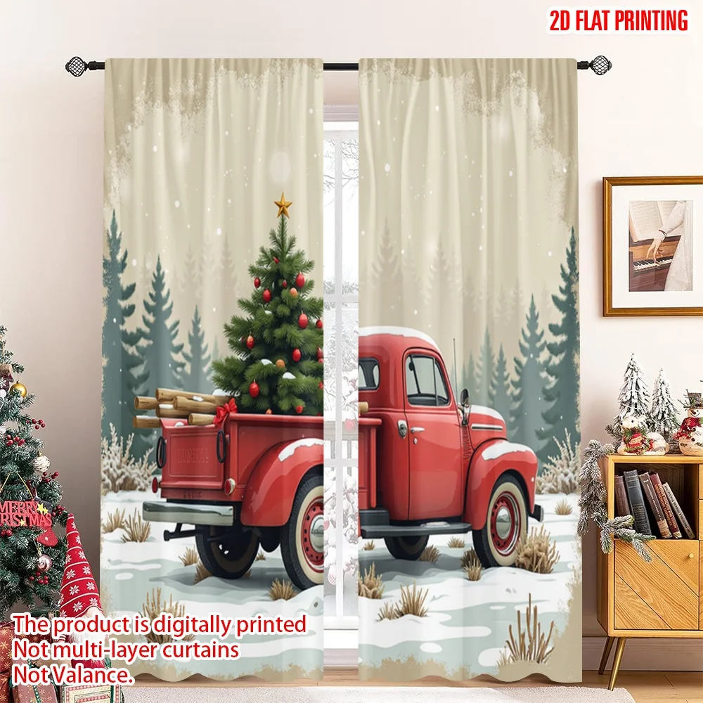 

2pcs 2D flat printing Merry Christmas Popular Window Drapes Red Truck Christmas Tree Polyester Without Electricity Family Party